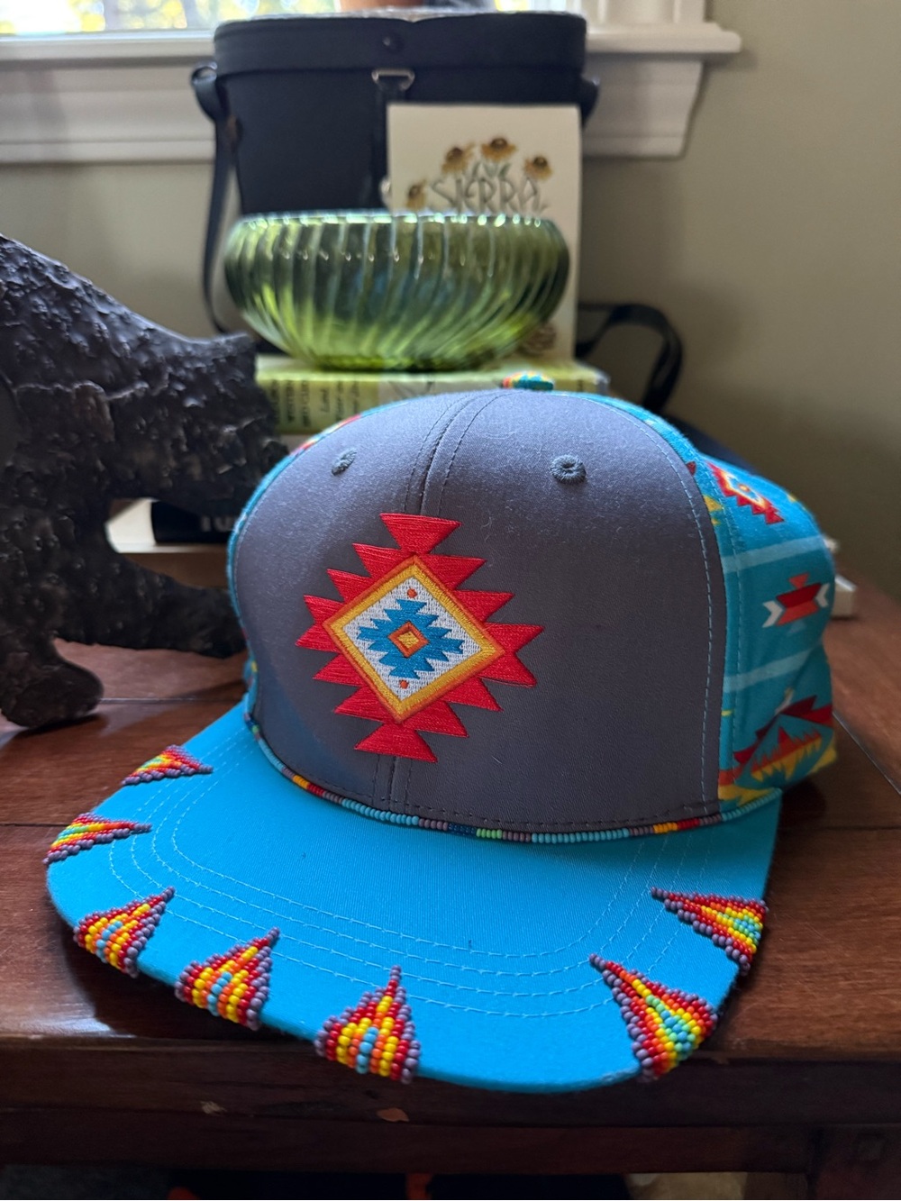 Boho Western Vibrant Southwestern Aztec Pattern Hat with Beaded Detail
